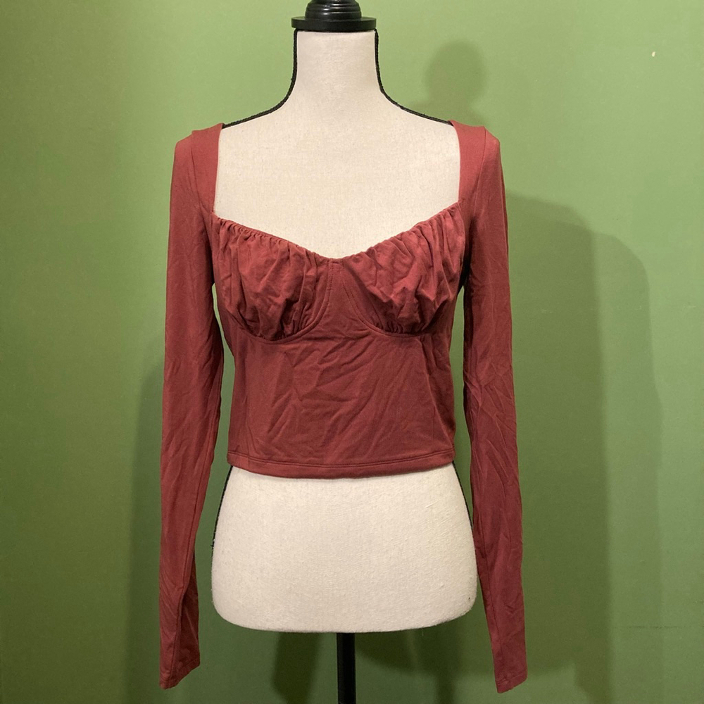 Women's Wilfred Rust Long Sleeve cropped Sweetheart Neck Crop Top Size L - Picture 10 of 10